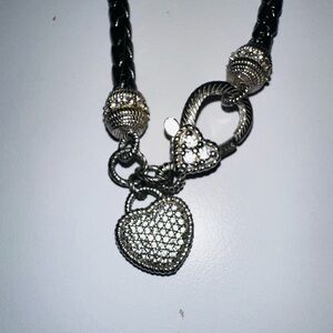 Judith Ripka gray leather Sterling Silver Heart Charm Necklace